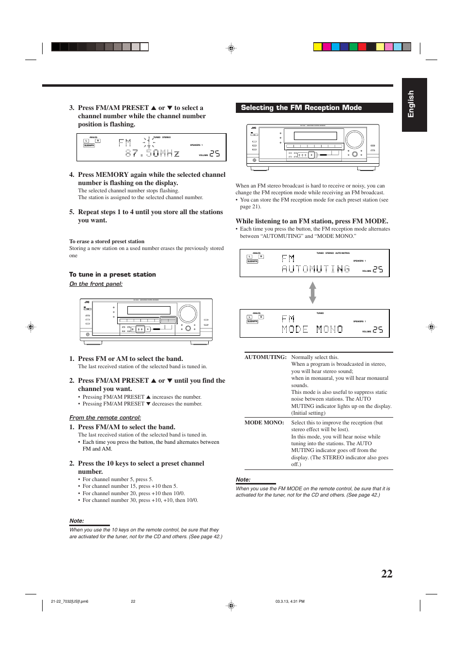 English, Press fm or am to select the band, Press fm/am to select the band | Selecting the fm reception mode, While listening to an fm station, press fm mode | JVC RM-SRX7032U User Manual | Page 25 / 54