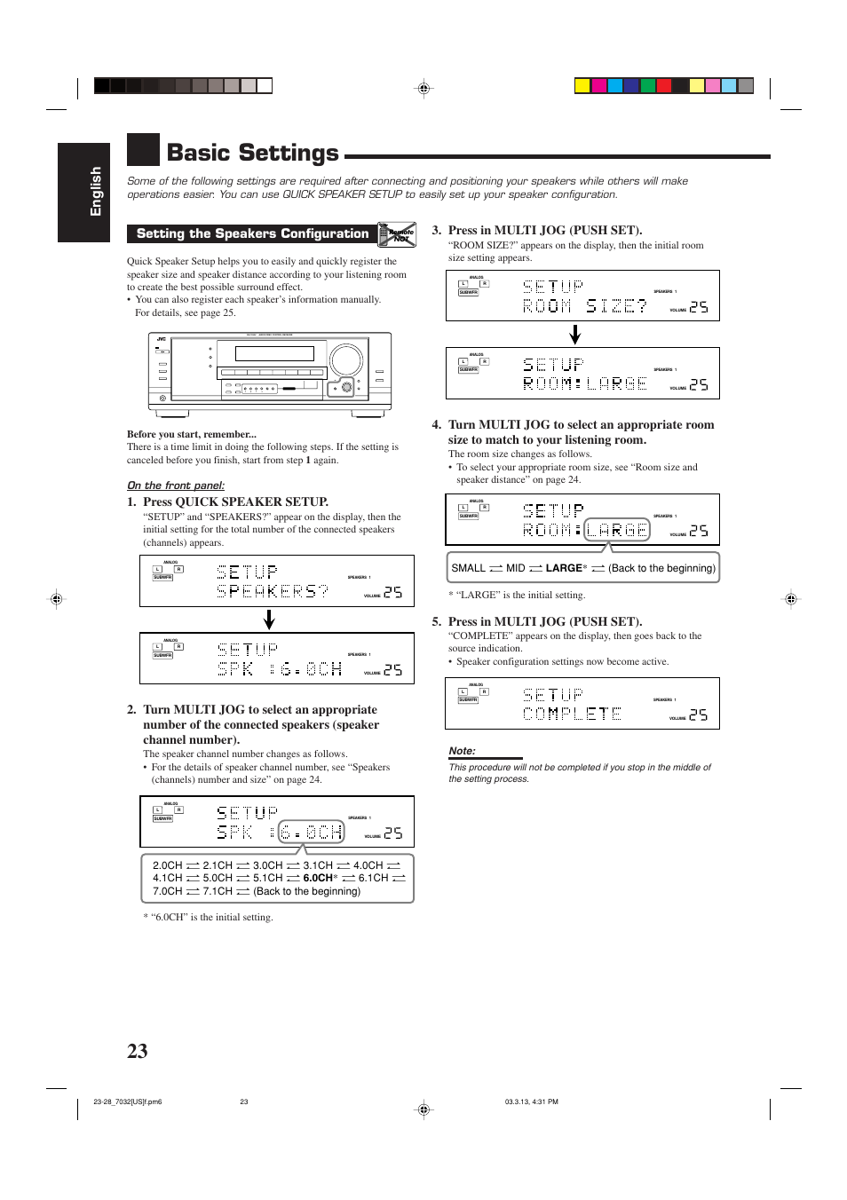 Basic settings, English, Setting the speakers configuration | Press quick speaker setup, Press in multi jog (push set), On the front panel, Small “ mid “ large * “ (back to the beginning) | JVC RM-SRX7032U User Manual | Page 26 / 54
