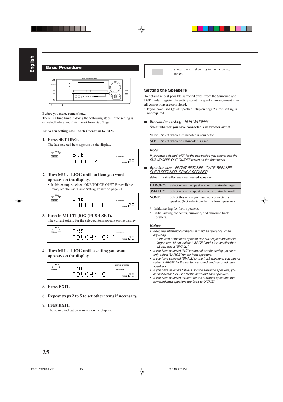 English, Basic procedure, Press setting | Push in multi jog (push set), Setting the speakers | JVC RM-SRX7032U User Manual | Page 28 / 54