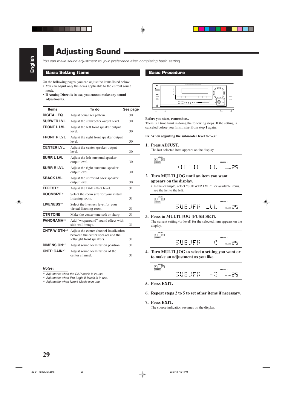 Adjusting sound, English, Basic setting items | Basic procedure, Press adjust, Press in multi jog (push set) | JVC RM-SRX7032U User Manual | Page 32 / 54