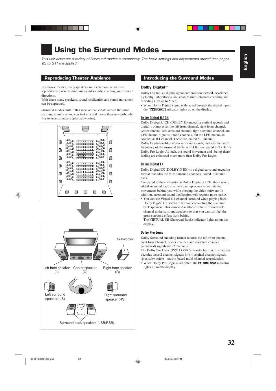Using the surround modes | JVC RM-SRX7032U User Manual | Page 35 / 54