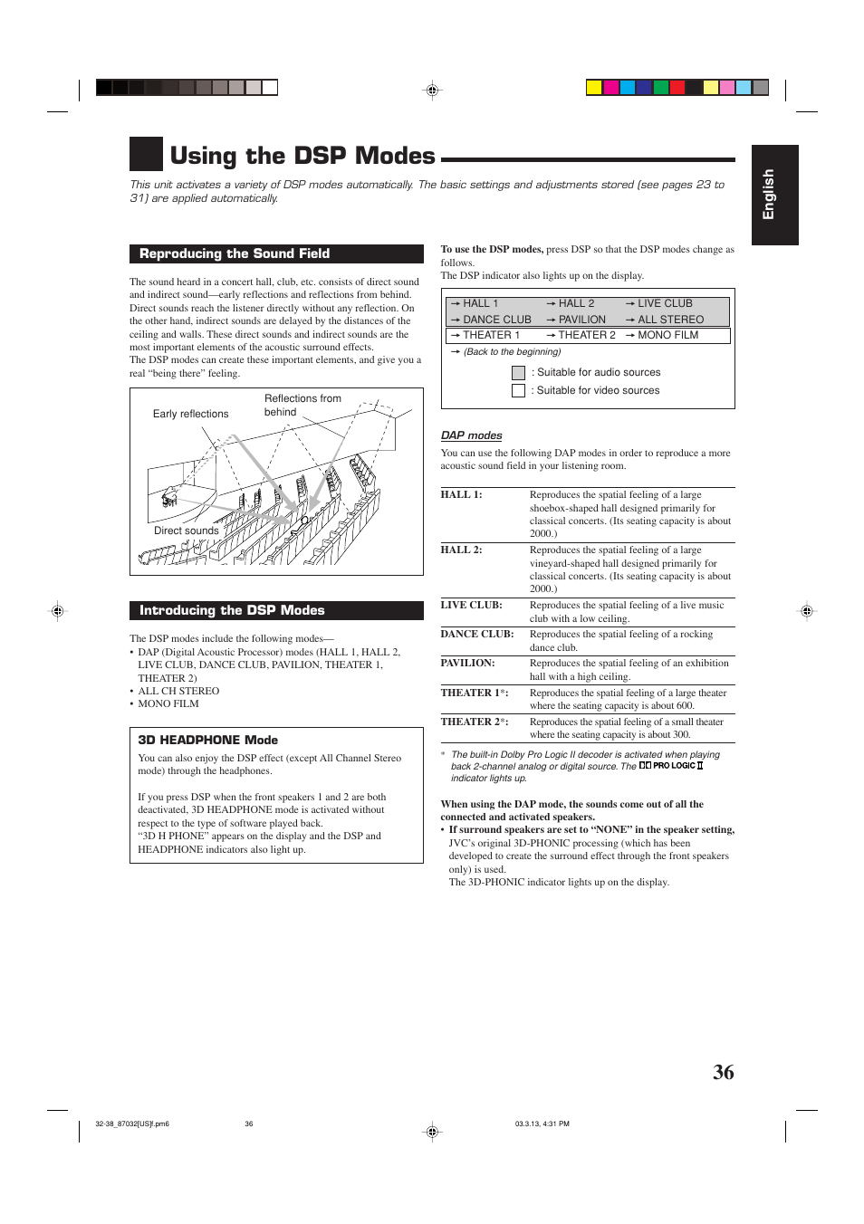 Using the dsp modes, English | JVC RM-SRX7032U User Manual | Page 39 / 54