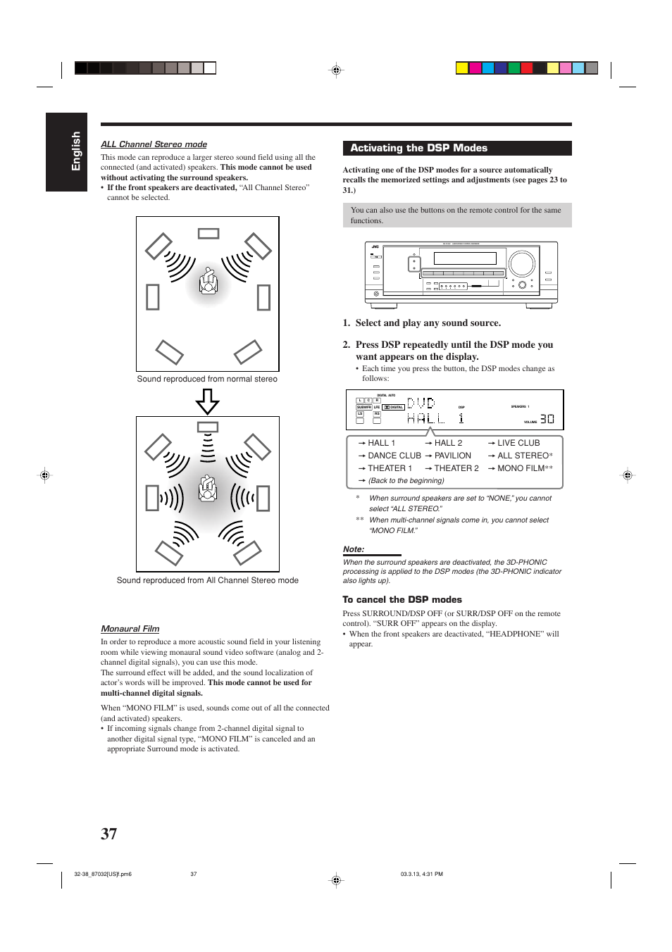 English, Activating the dsp modes | JVC RM-SRX7032U User Manual | Page 40 / 54