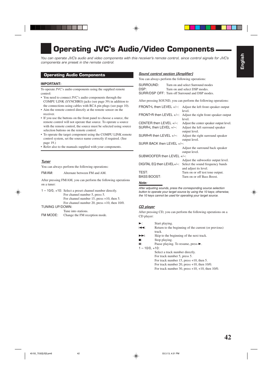 Operating jvc’s audio/video components, English | JVC RM-SRX7032U User Manual | Page 45 / 54