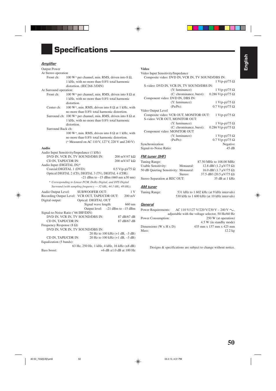 Specifications, English | JVC RM-SRX7032U User Manual | Page 53 / 54