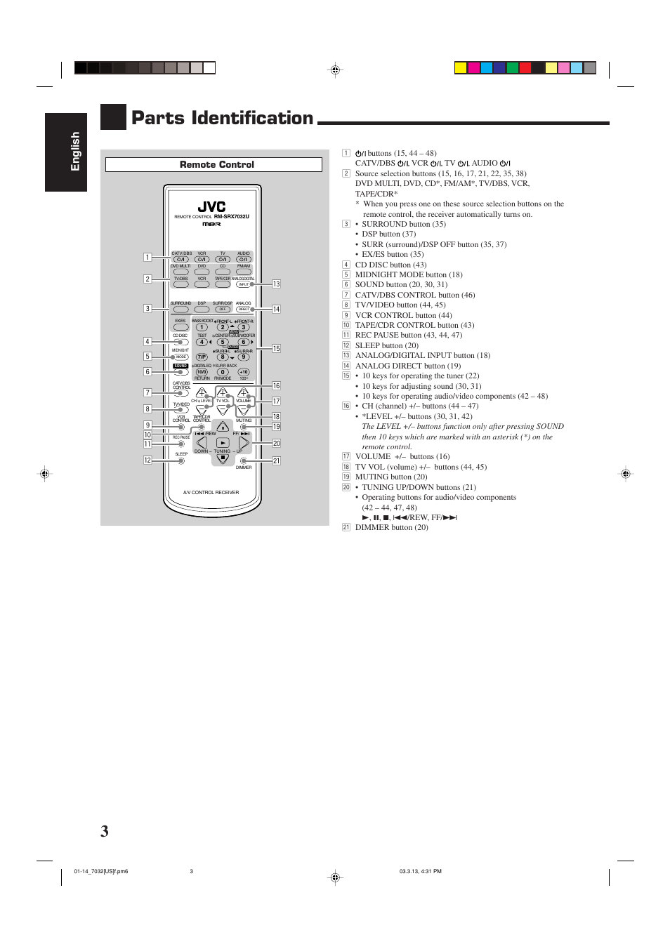Parts identification, English, Remote control | 7o r e p | JVC RM-SRX7032U User Manual | Page 6 / 54
