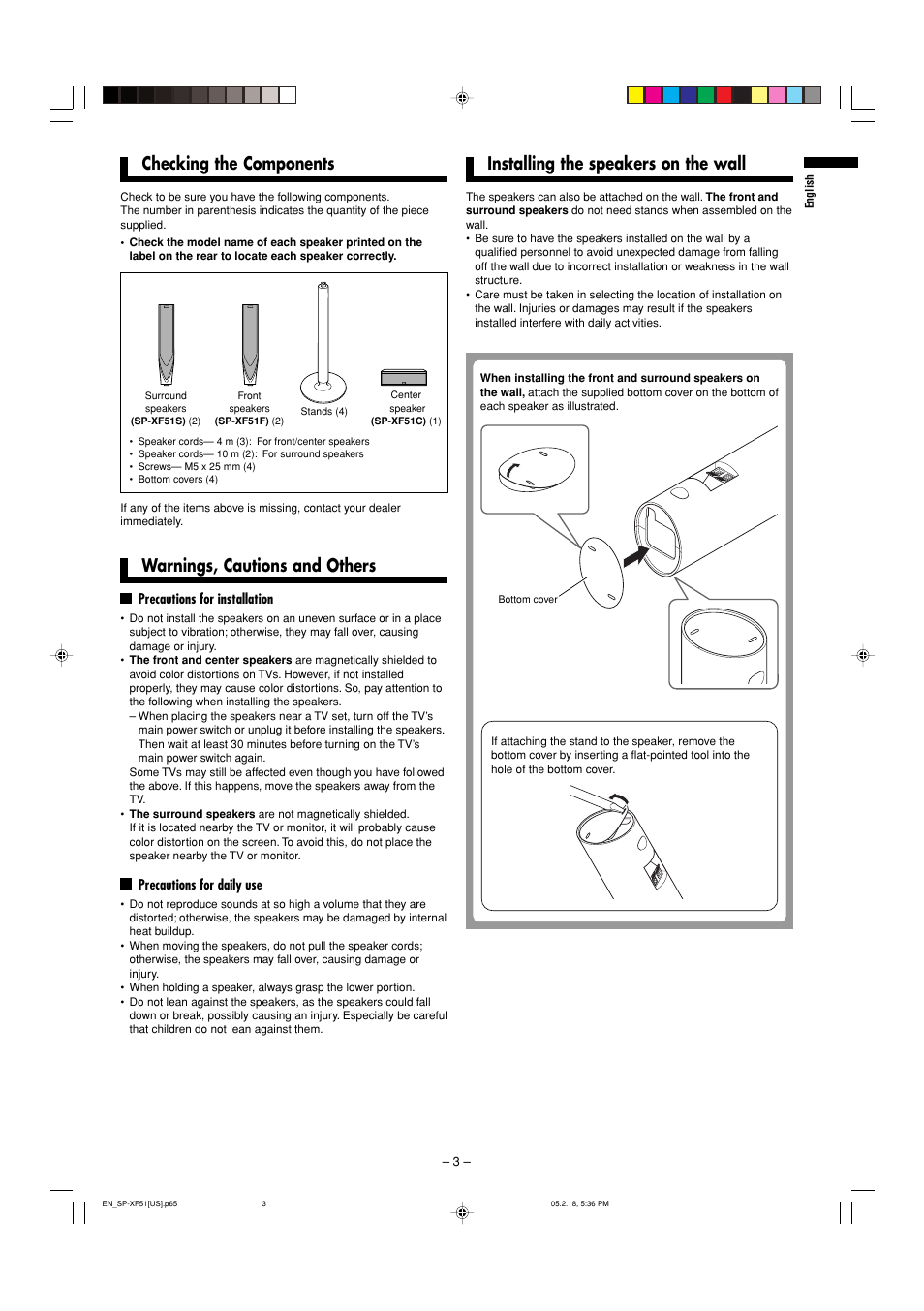 Checking the components, Warnings, cautions and others, Installing the speakers on the wall | JVC SP-XF51F User Manual | Page 3 / 6