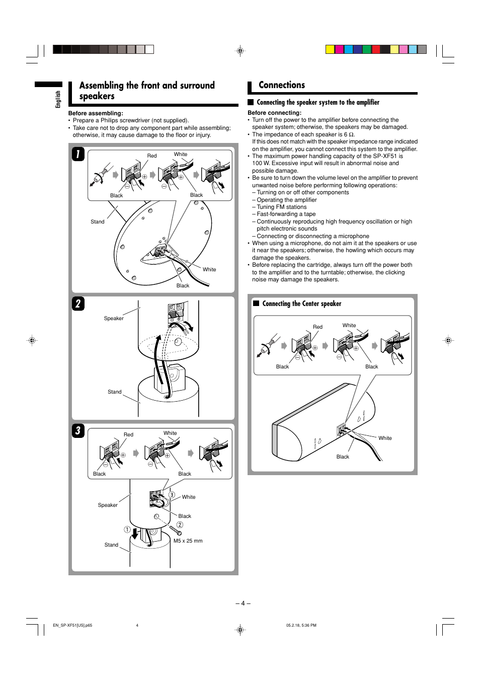 Assembling the front and surround speakers, Connections | JVC SP-XF51F User Manual | Page 4 / 6