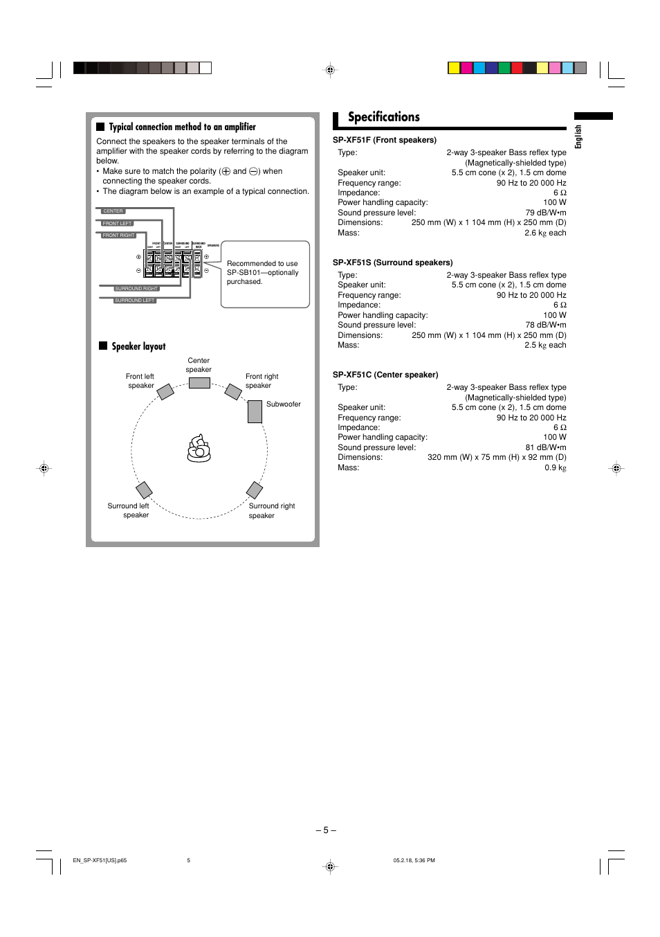 Specifications, Typical connection method to an amplifier, Speaker layout | JVC SP-XF51F User Manual | Page 5 / 6