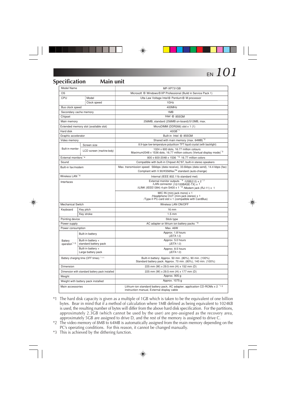 Specification, Specification main unit | JVC MP-XP731GB User Manual | Page 101 / 132