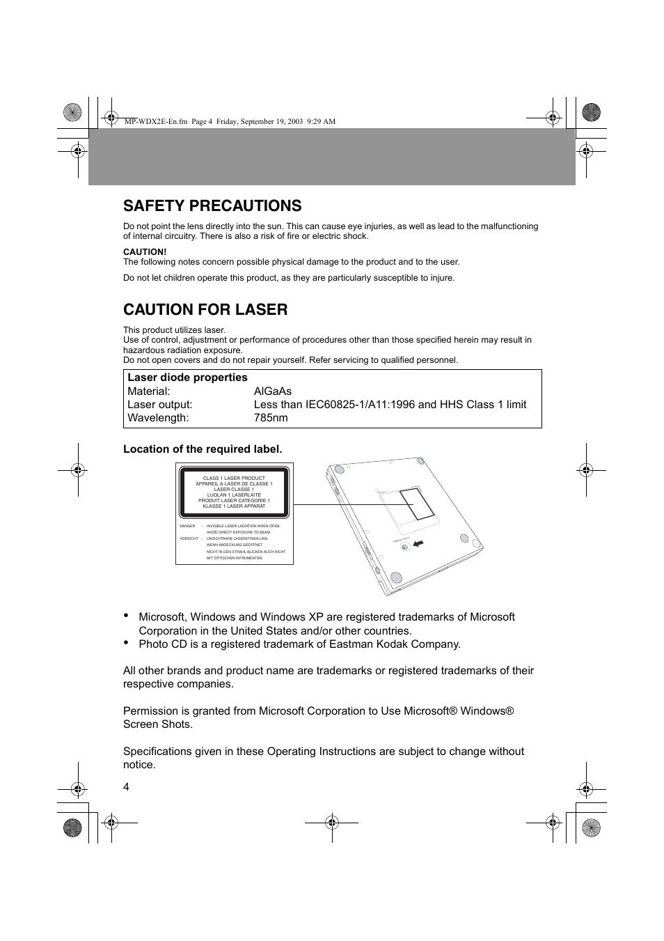 Caution for laser, Safety precautions | JVC MP-XP731GB User Manual | Page 110 / 132