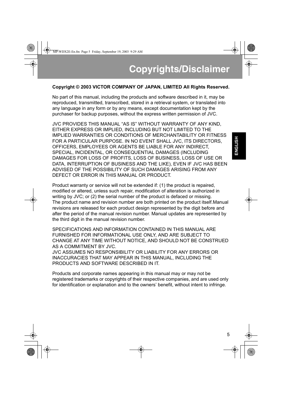 Copyrights/disclaimer | JVC MP-XP731GB User Manual | Page 111 / 132