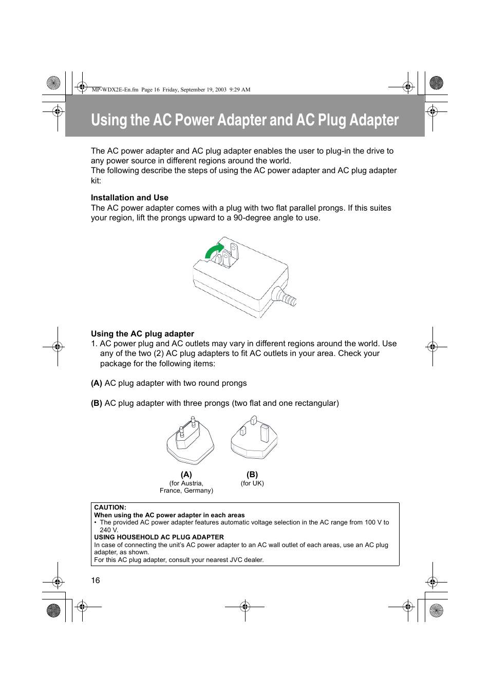 Using the ac power adapter and ac plug adapter | JVC MP-XP731GB User Manual | Page 122 / 132