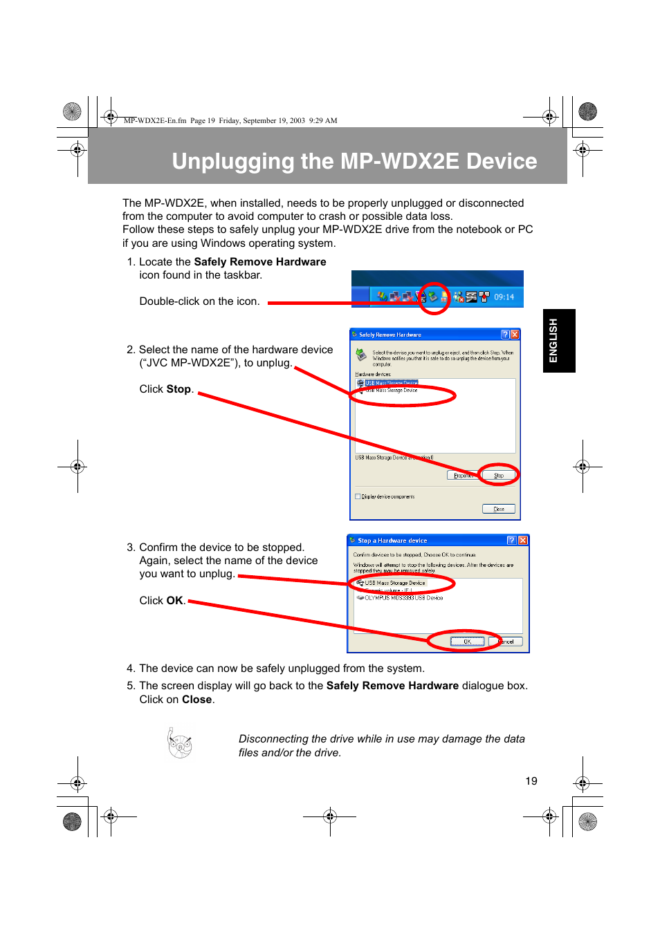 Unplugging the mp-wdx2e device | JVC MP-XP731GB User Manual | Page 125 / 132