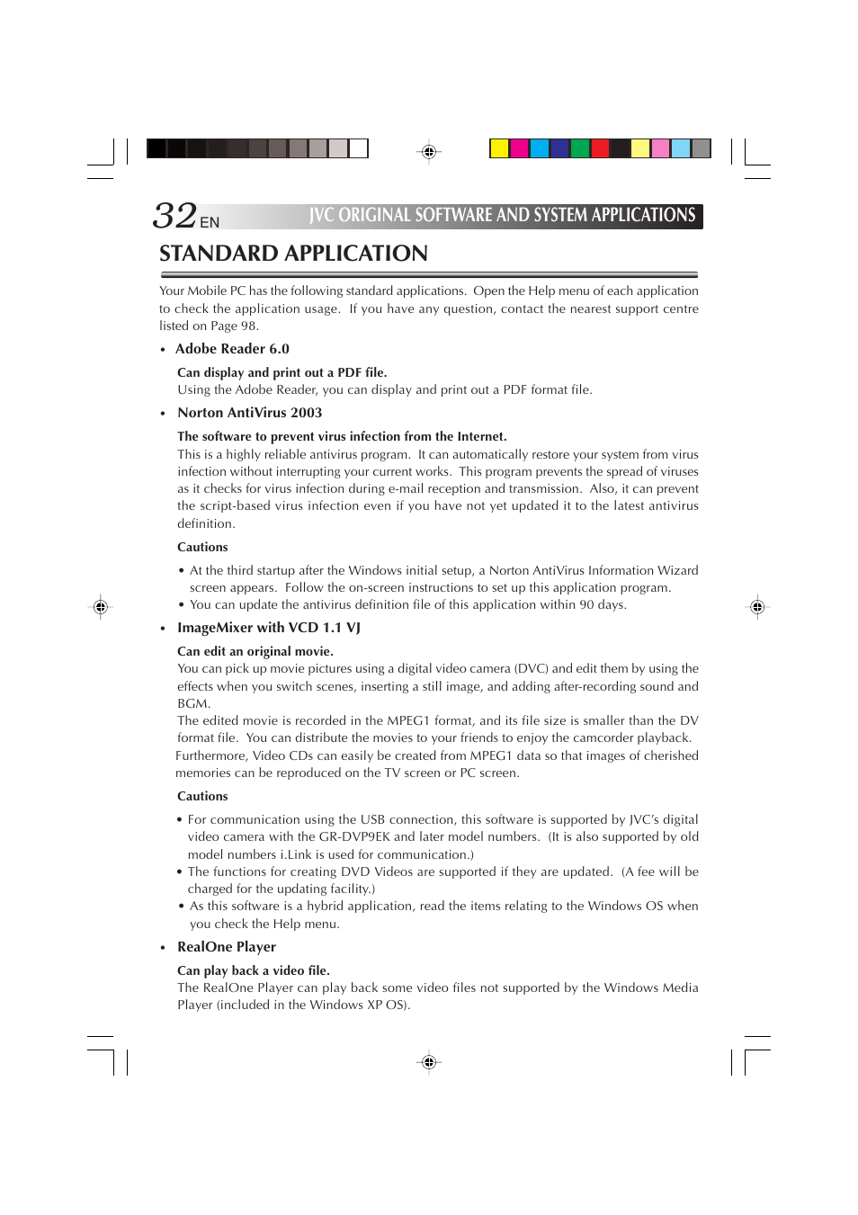 Standard application, Jvc original software and system applications | JVC MP-XP731GB User Manual | Page 32 / 132