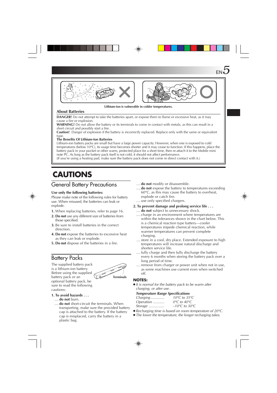 Cautions, General battery precautions, Battery packs | JVC MP-XP731GB User Manual | Page 5 / 132
