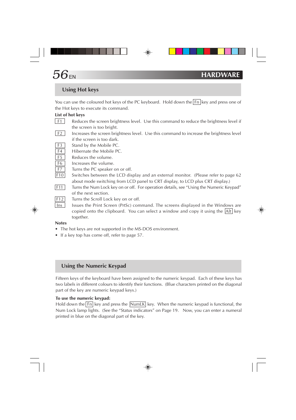 Using hot keys, Using the numeric keypad, Hardware | JVC MP-XP731GB User Manual | Page 56 / 132