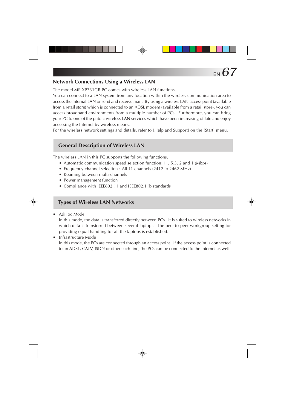 General description of wireless lan, Types of wireless lan networks | JVC MP-XP731GB User Manual | Page 67 / 132