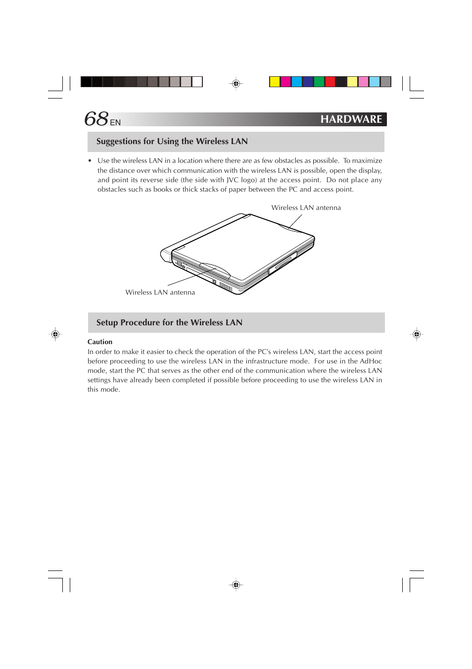 Suggestions for using the wireless lan, Setup procedure for the wireless lan, Hardware | JVC MP-XP731GB User Manual | Page 68 / 132