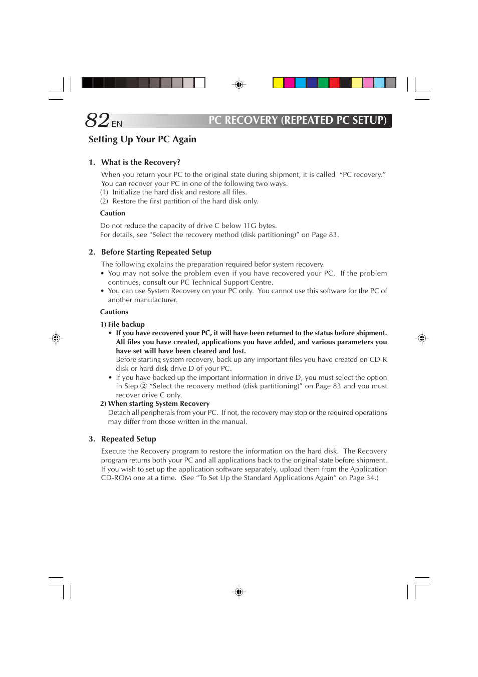 Setting up your pc again, Pc recovery (repeated pc setup) | JVC MP-XP731GB User Manual | Page 82 / 132