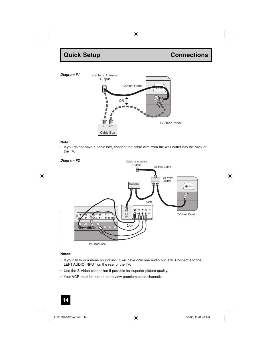 Quick setup connections, Diagram #1, Cable or antenna output or tv rear panel | Coaxial cable cable box | JVC 0805TNH-II-IM User Manual | Page 14 / 56