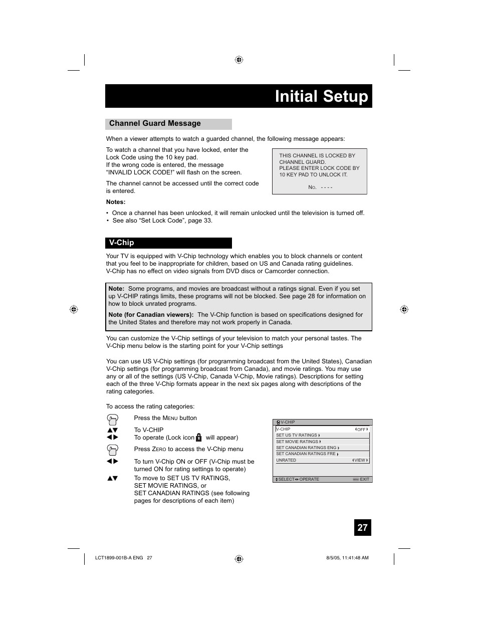Initial setup, Channel guard message, V-chip | JVC 0805TNH-II-IM User Manual | Page 27 / 56