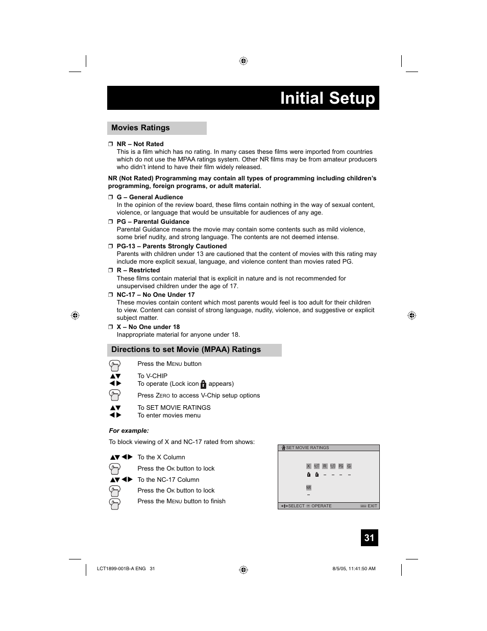 Initial setup, Movies ratings, Directions to set movie (mpaa) ratings | JVC 0805TNH-II-IM User Manual | Page 31 / 56