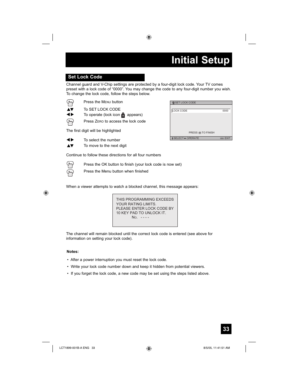 Initial setup, Set lock code | JVC 0805TNH-II-IM User Manual | Page 33 / 56