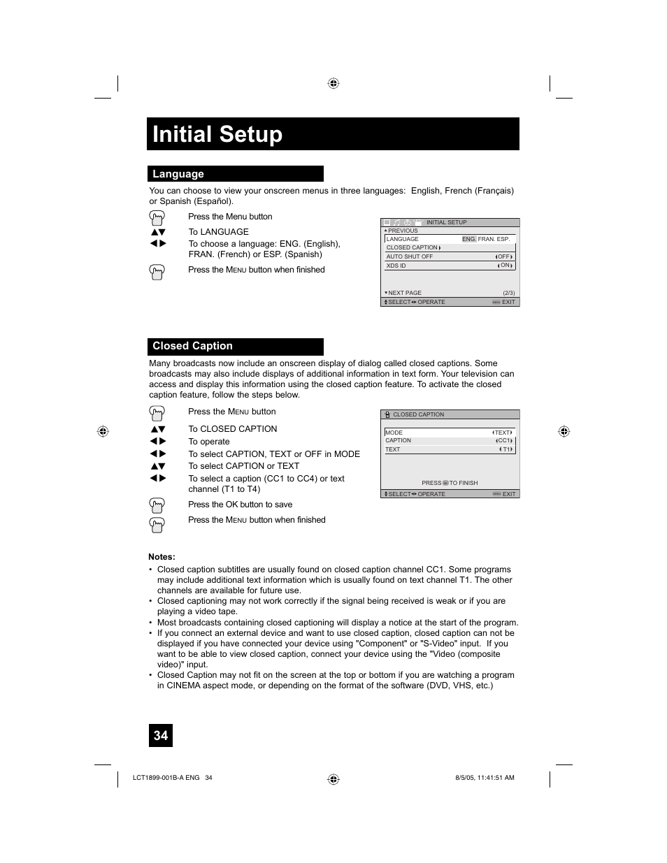 Initial setup, Language, Closed caption | JVC 0805TNH-II-IM User Manual | Page 34 / 56