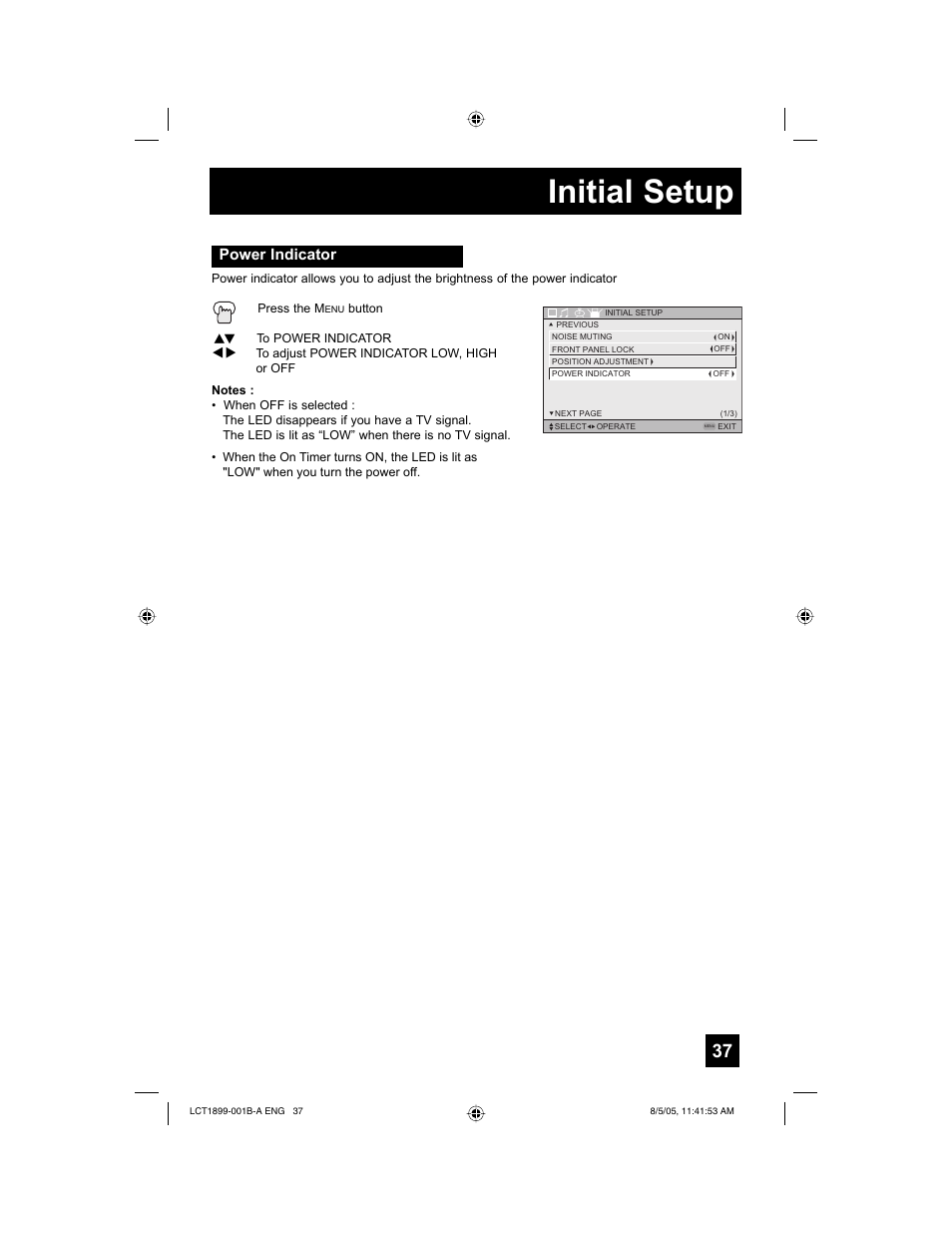 Initial setup, Power indicator | JVC 0805TNH-II-IM User Manual | Page 37 / 56
