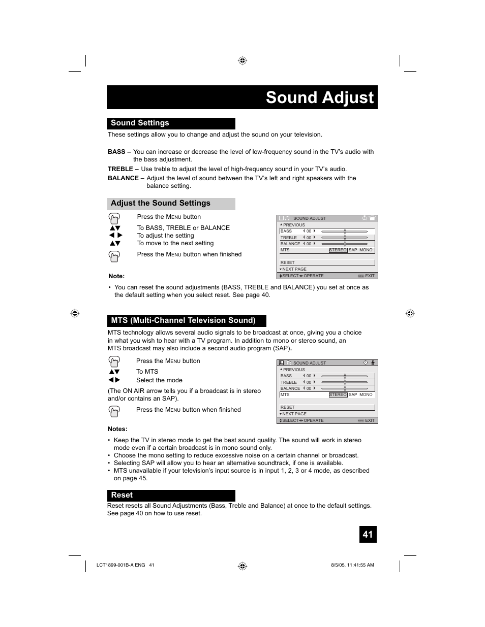 Sound adjust, Reset | JVC 0805TNH-II-IM User Manual | Page 41 / 56