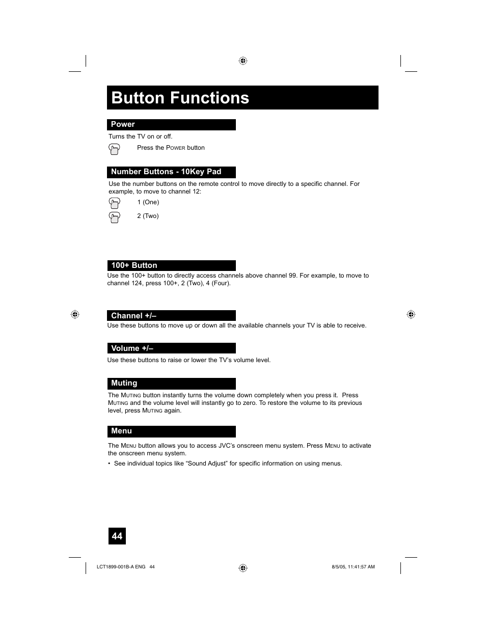 Button functions | JVC 0805TNH-II-IM User Manual | Page 44 / 56