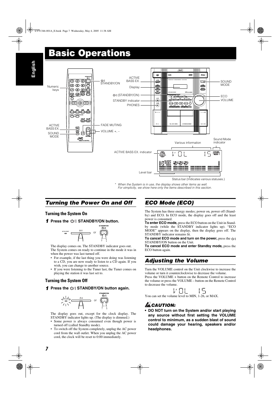 Basic operations, Turning the power on and off, Eco mode (eco) | Adjusting the volume | JVC 0505NYMCREBET User Manual | Page 10 / 30