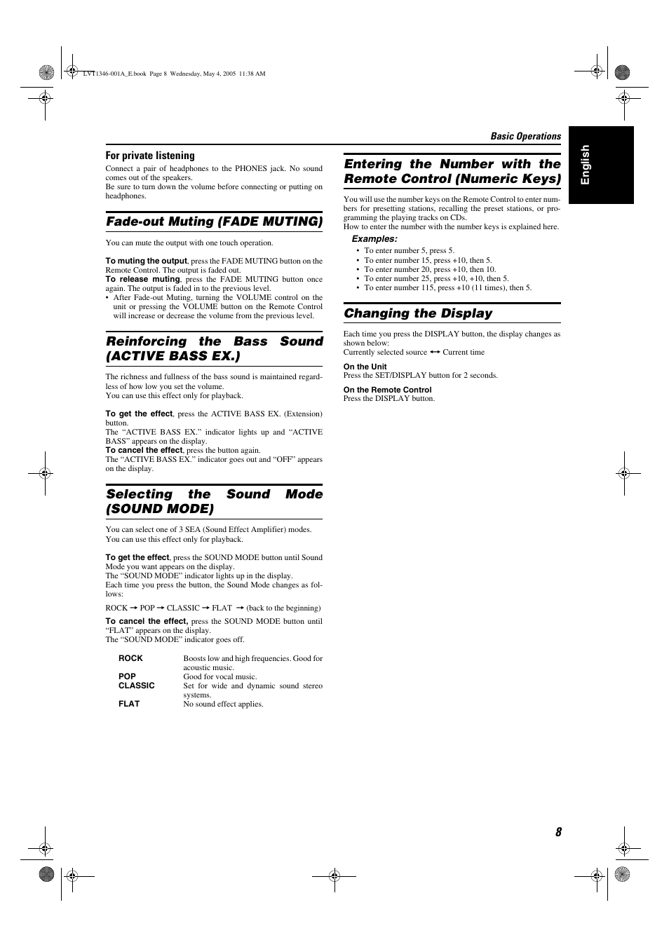 Fade-out muting (fade muting), Reinforcing the bass sound (active bass ex.), Selecting the sound mode (sound mode) | Changing the display | JVC 0505NYMCREBET User Manual | Page 11 / 30