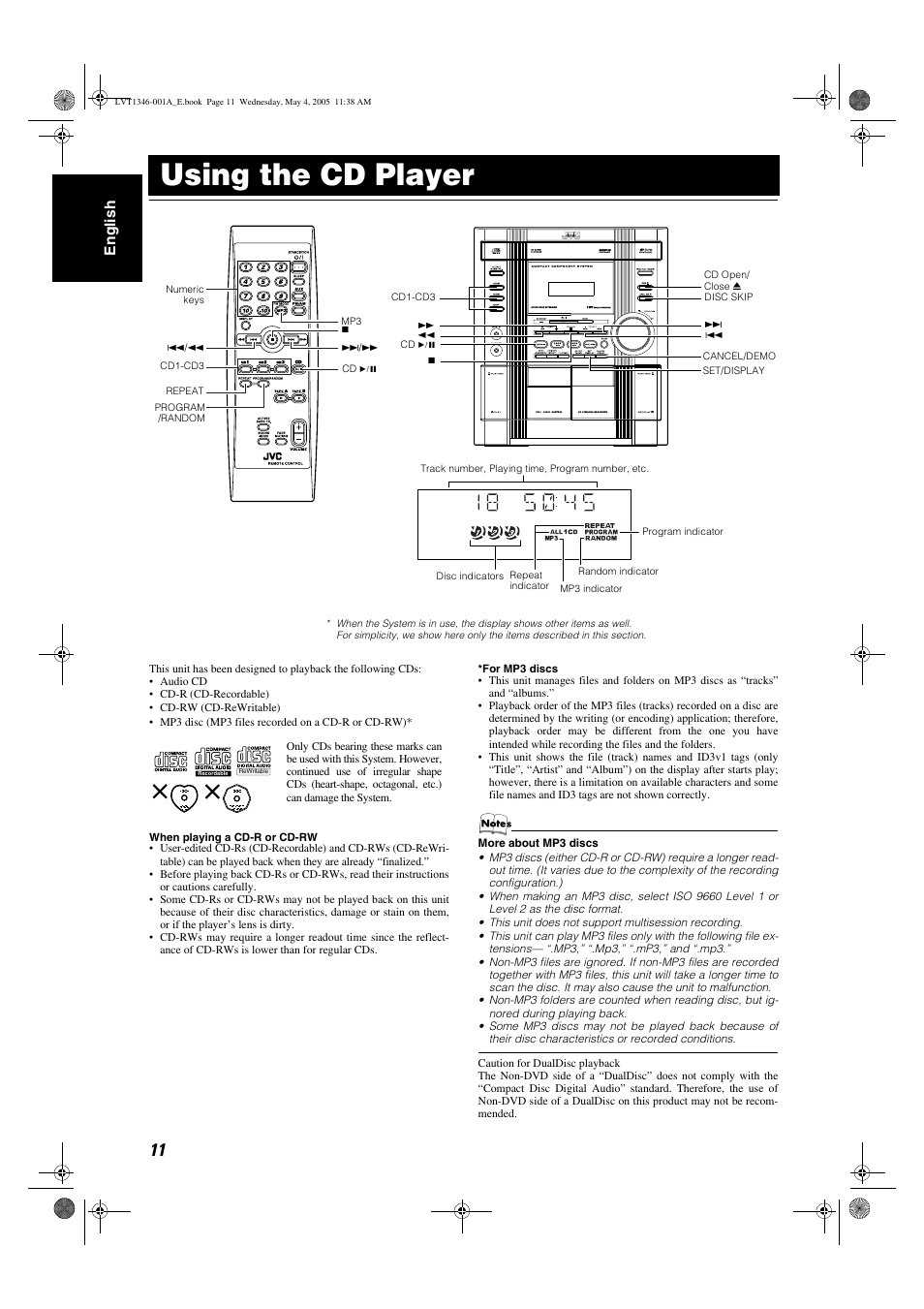 Using the cd player, En g li s h | JVC 0505NYMCREBET User Manual | Page 14 / 30