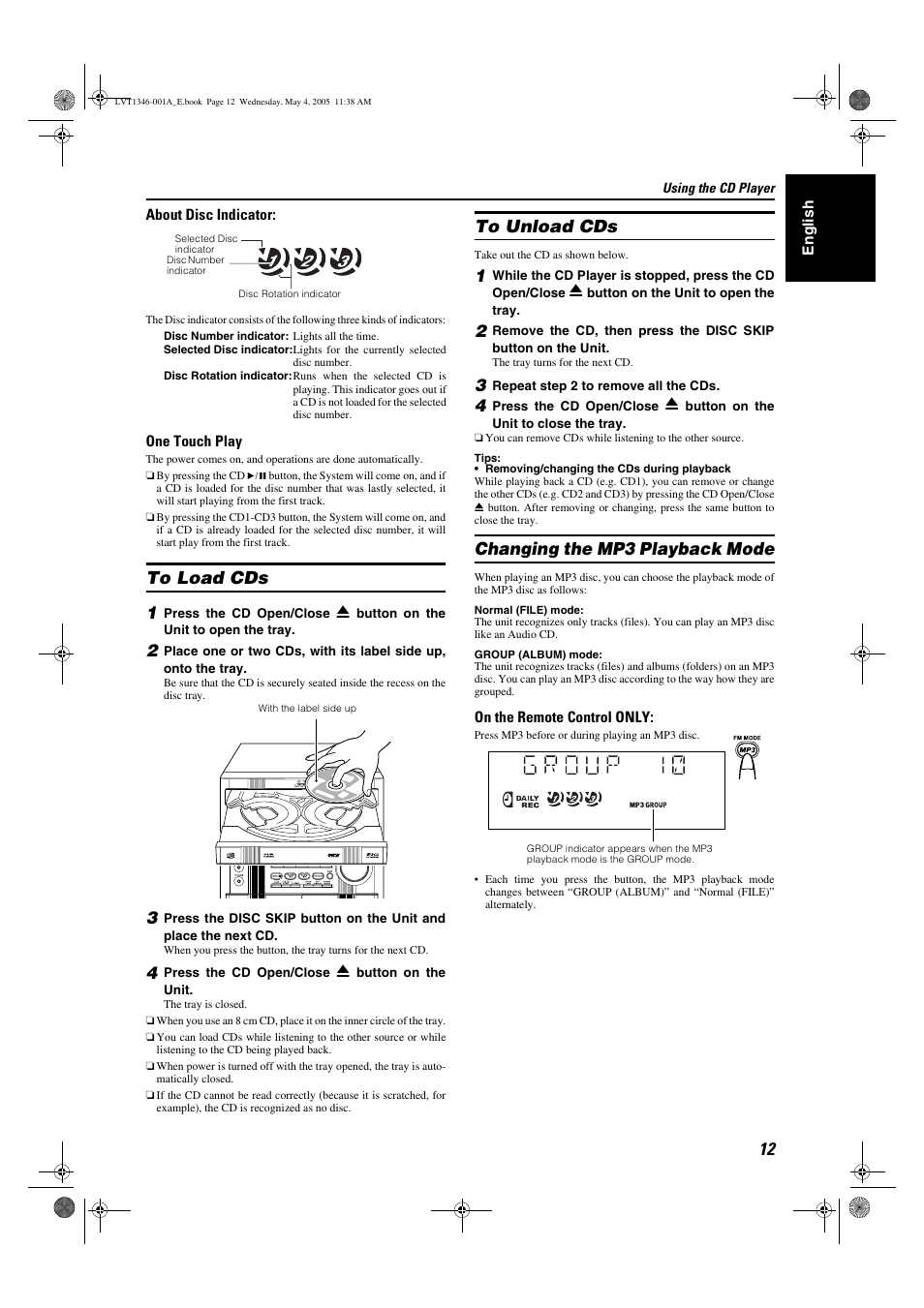 To load cds, To unload cds, Changing the mp3 playback mode | JVC 0505NYMCREBET User Manual | Page 15 / 30