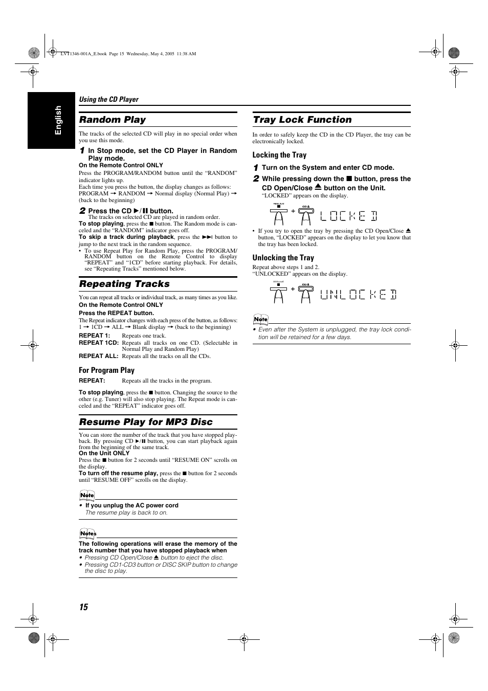 Random play, Repeating tracks, Resume play for mp3 disc | Tray lock function | JVC 0505NYMCREBET User Manual | Page 18 / 30