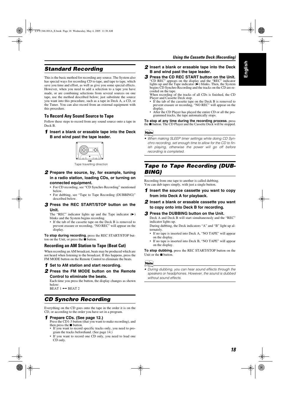 Standard recording, Cd synchro recording, Tape to tape recording (dubbing) | Tape to tape recording (dub- bing) | JVC 0505NYMCREBET User Manual | Page 21 / 30