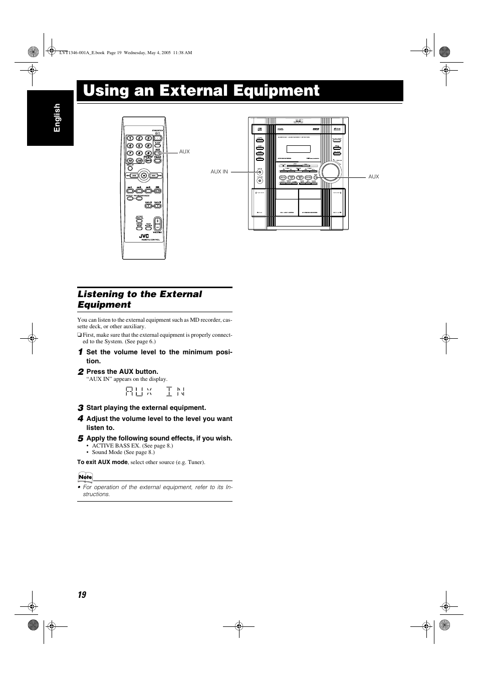 Using an external equipment, Listening to the external equipment | JVC 0505NYMCREBET User Manual | Page 22 / 30