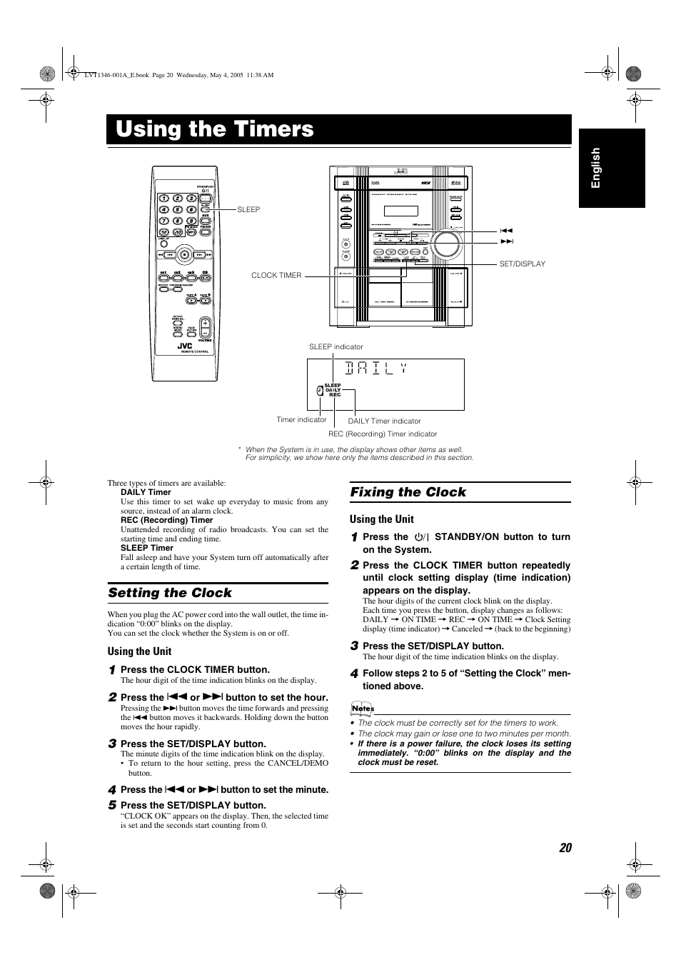 Using the timers, Setting the clock, Fixing the clock | Setting the clock fixing the clock | JVC 0505NYMCREBET User Manual | Page 23 / 30