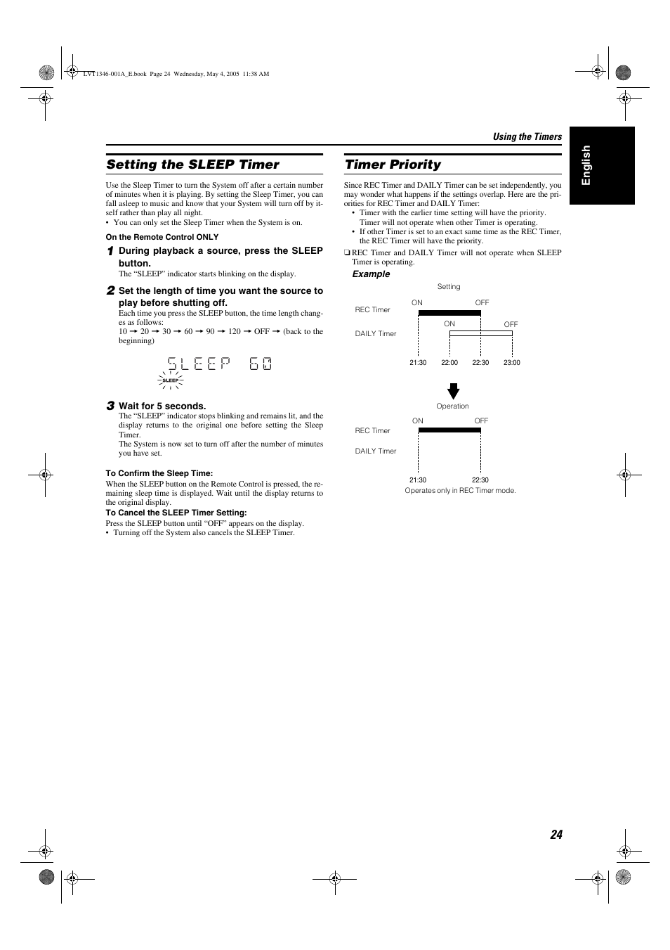 Setting the sleep timer, Timer priority, Setting the sleep timer timer priority | JVC 0505NYMCREBET User Manual | Page 27 / 30