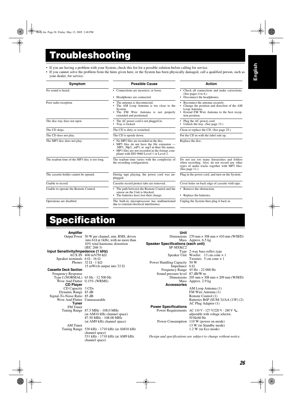 Troubleshooting, Specification, Troubleshooting specification | En g li s h | JVC 0505NYMCREBET User Manual | Page 29 / 30