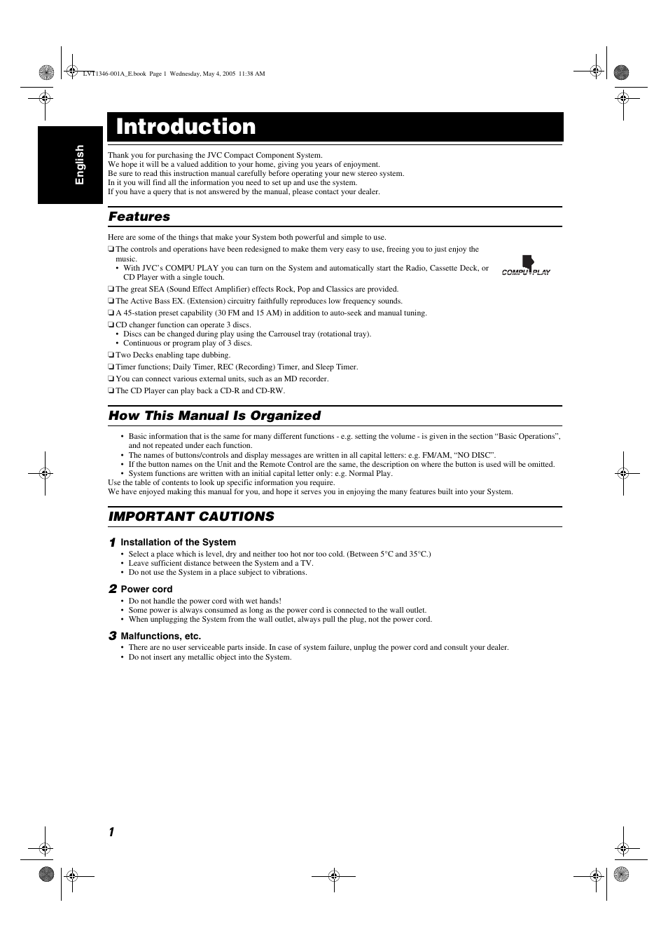 Introduction, Features, How this manual is organized | Important cautions | JVC 0505NYMCREBET User Manual | Page 4 / 30