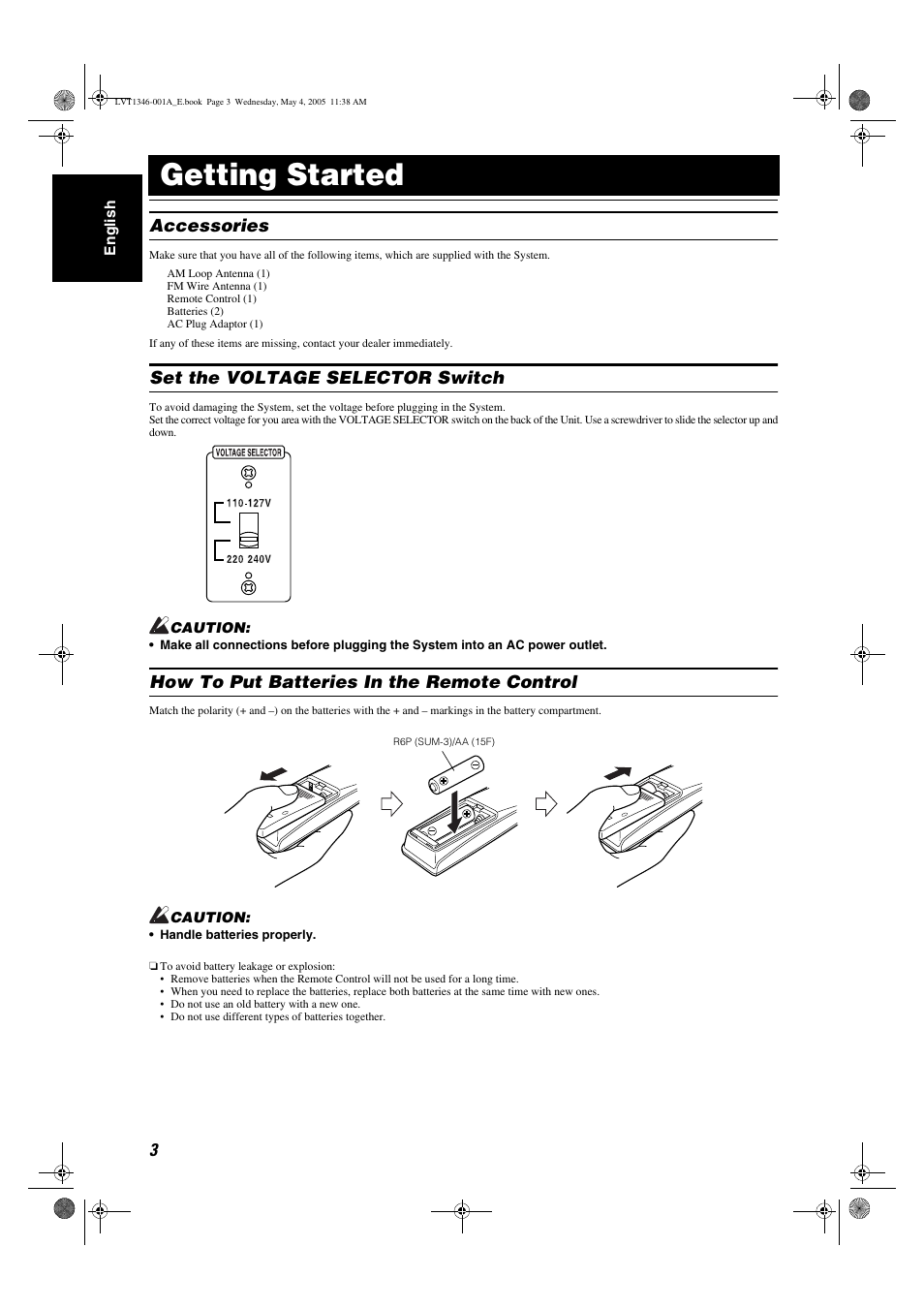 Getting started, Accessories, Set the voltage selector switch | How to put batteries in the remote control | JVC 0505NYMCREBET User Manual | Page 6 / 30