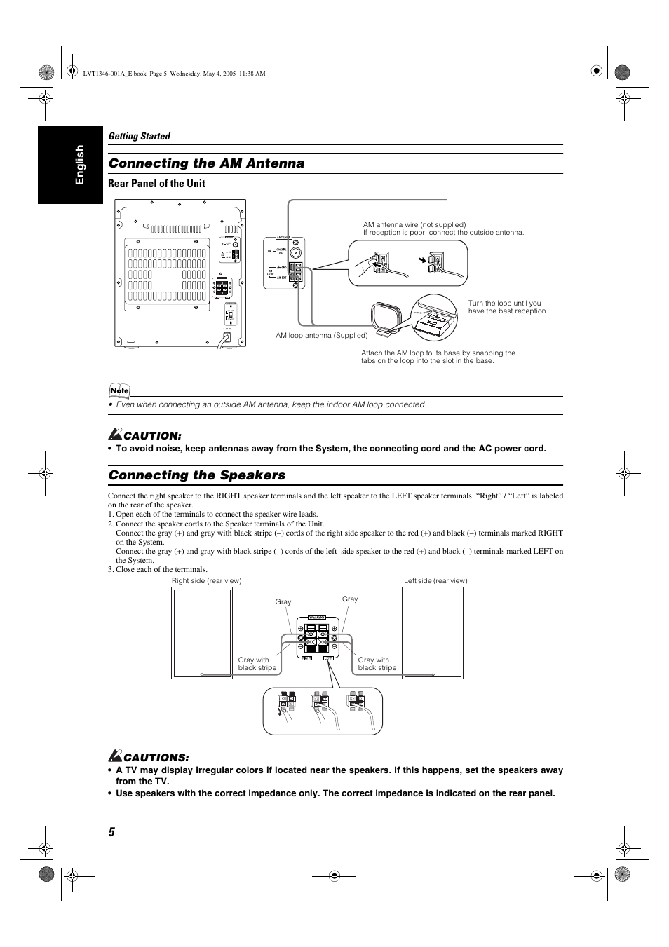 Connecting the am antenna, Connecting the speakers, Connecting the am antenna connecting the speakers | JVC 0505NYMCREBET User Manual | Page 8 / 30