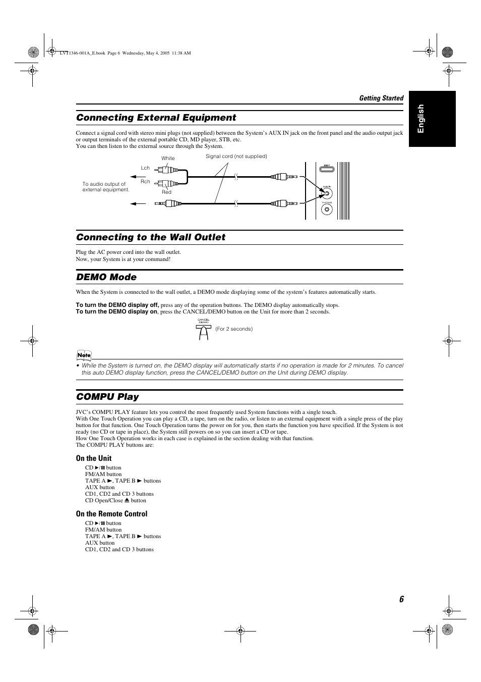 Connecting external equipment, Connecting to the wall outlet, Demo mode | Compu play | JVC 0505NYMCREBET User Manual | Page 9 / 30