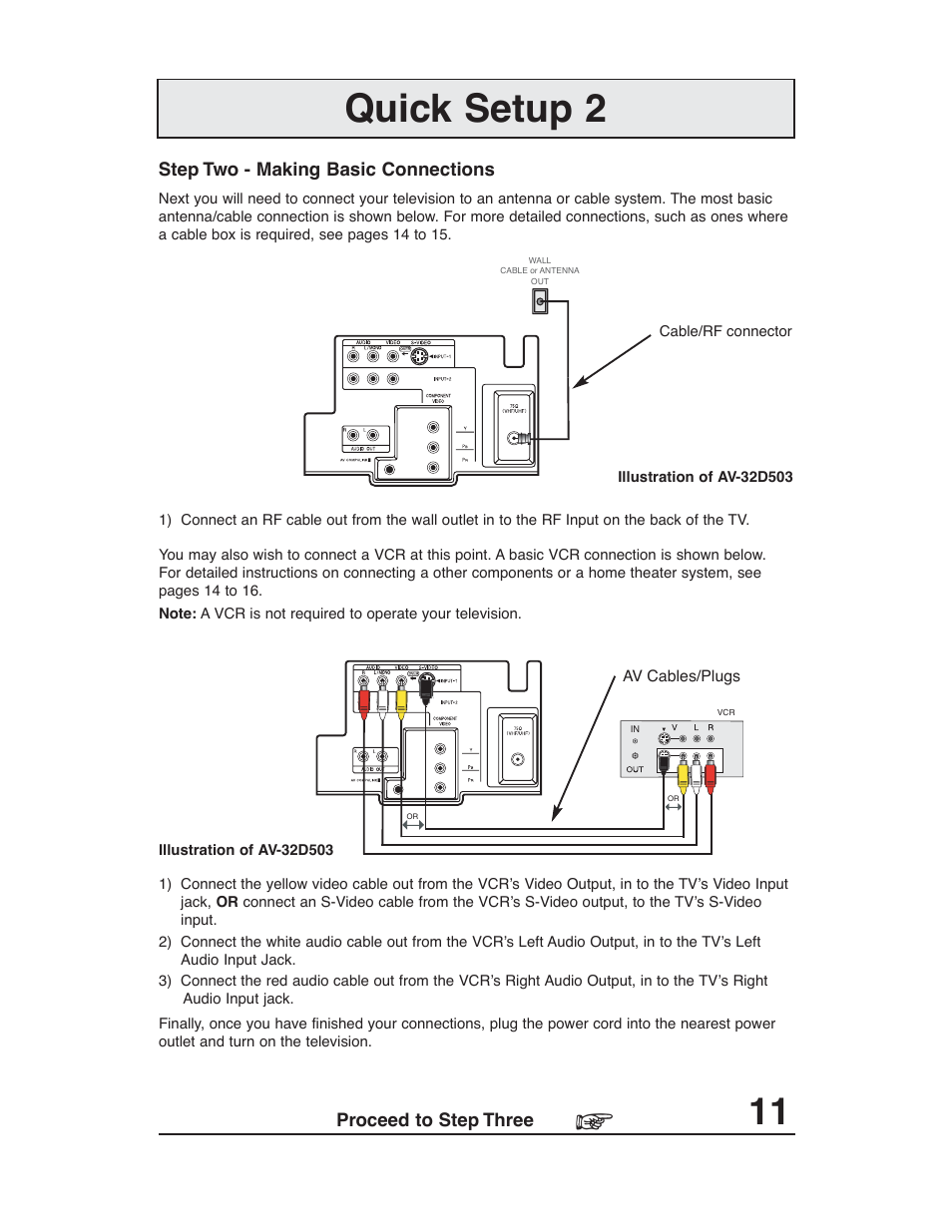 Quick setup 2, Step two - making basic connections, Proceed to step three | JVC AV 27D503 User Manual | Page 11 / 56