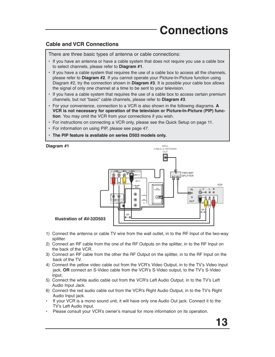 Connections, Cable and vcr connections | JVC AV 27D503 User Manual | Page 13 / 56