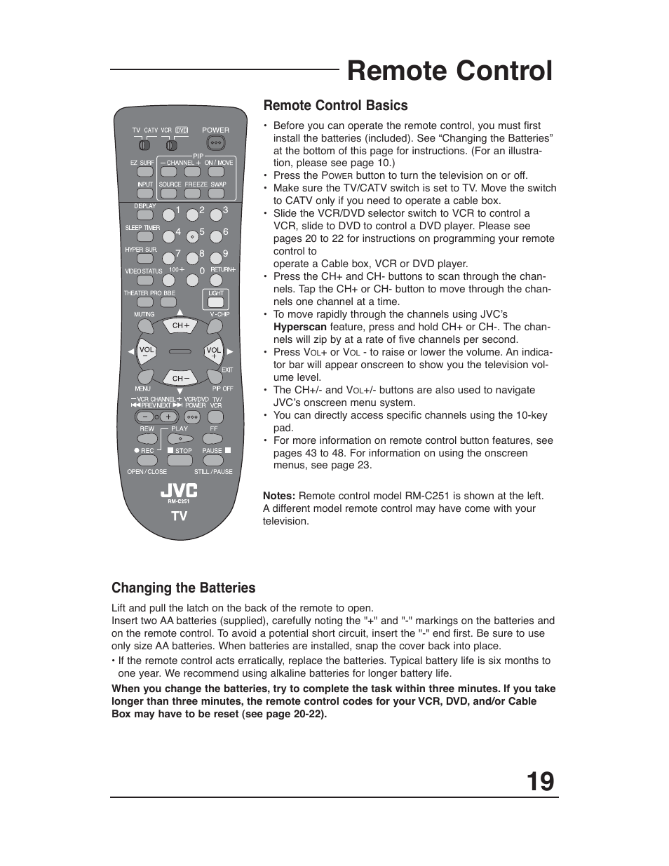 Remote control, Changing the batteries, Remote control basics | JVC AV 27D503 User Manual | Page 19 / 56