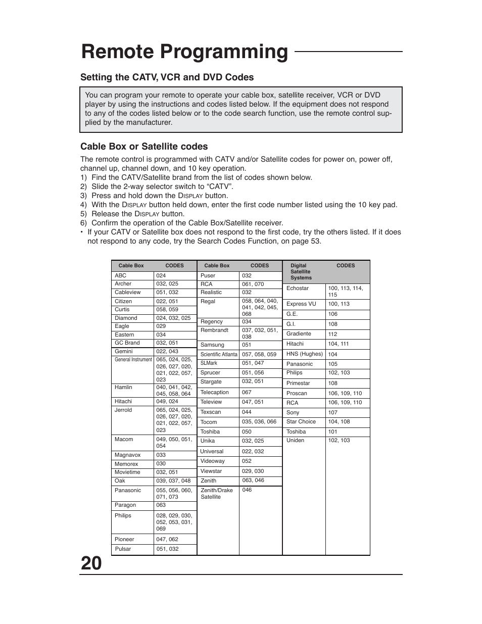 Remote programming, Setting the catv, vcr and dvd codes, Cable box or satellite codes | JVC AV 27D503 User Manual | Page 20 / 56